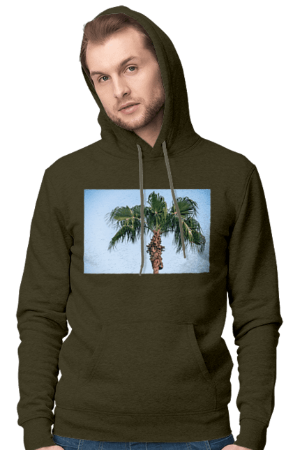 Чоловіче худі з принтом "Пальма на тлі неба". Берег, блакитне, відпочинок, відпустку, єгипет, зелений, зелені, лист, листя, море, небо, оазис, океан, острів, пальма, південь, подорож, пригоди, тропіки, туреччина. 2070702