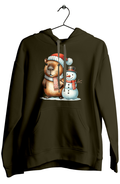 Men's hoodie with prints Capybara and Snowman. Animal, capybara, christmas, christmas capybara, gift, holiday, new year, new year`s gift, santa, snowman. 2070702