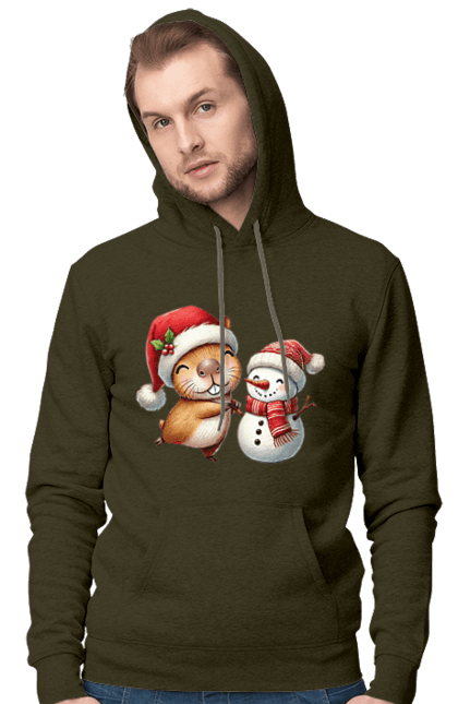 Men's hoodie with prints Capybara and Snowman. Animal, capybara, christmas, christmas capybara, gift, holiday, new year, new year`s gift, santa, snowman. 2070702