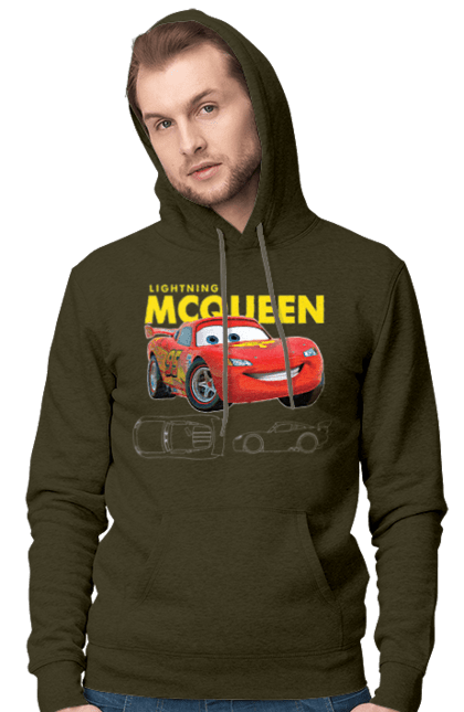 Men's hoodie with prints Lightning McQueen. Cartoon, cartoon, lightning mcqueen, race, sport, wheelbarrows. 2070702