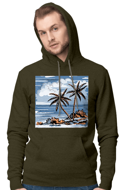 Мужское худи с принтом Пальмы И Небо. Море, небо, облака, пальмы. 2070702