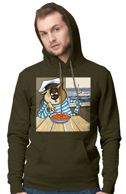 Men`s hoodie with prints Cat Sailor, On The Ship Eats Red Caviar. Cat, caviar, sailor, ship. 2070702
