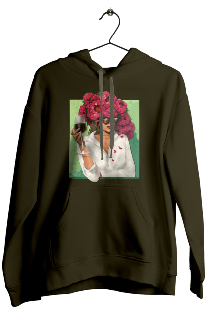 Чоловіче худі з принтом "Дівчина з півоніями та келихом". Вино, дівчина, квітка, келих, літо, окуляри, півонії, сорочка. 2070702