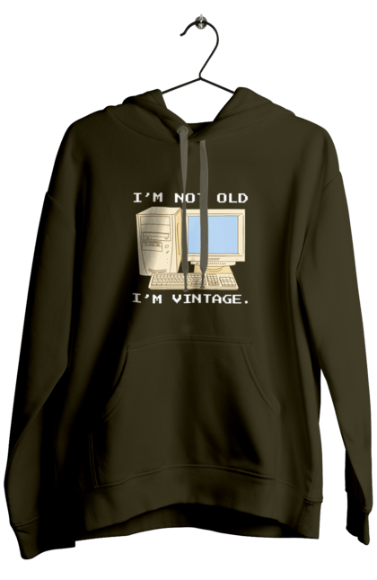 Чоловіче худі з принтом "Я не старий, я вінтажний Ретро комп'ютер". Ай ті, айті, айтішник, ботан, вінтаж, вінтажний, гік, клавіатура, код, кодер, комп, мова, піксель, програміст, програмування, ретро, хакер. 2070702