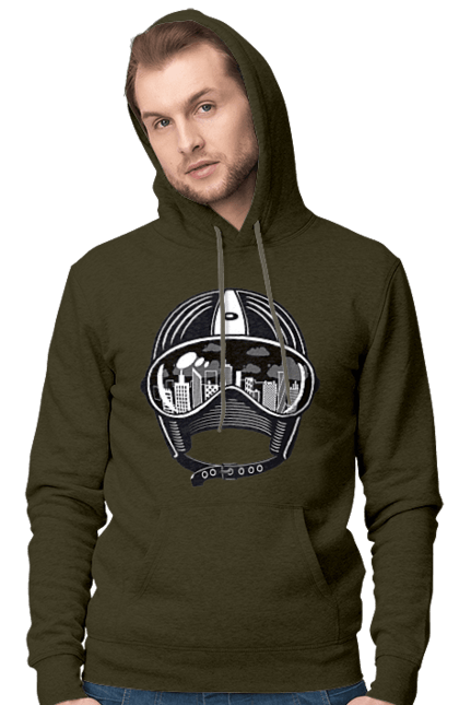 Мужское худи с принтом Шлем И Город. Город, скорость, шлем. 2070702