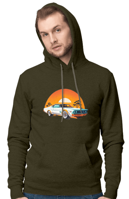 Men`s hoodie with prints Beautiful car at sunset. Auto, decline, sun. 2070702