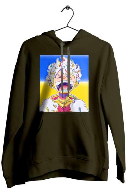 Чоловіче худі з принтом "Монкі д Луффі сміється на жовто блактному фоні". Ван піс, луффі, монкі д. луффі, прапор україни, символ україни, україна. 2070702