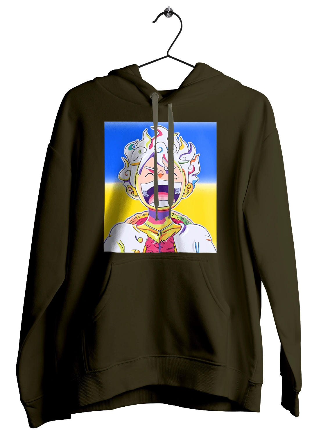 Monkey D Luffy laughing on a yellow blue background