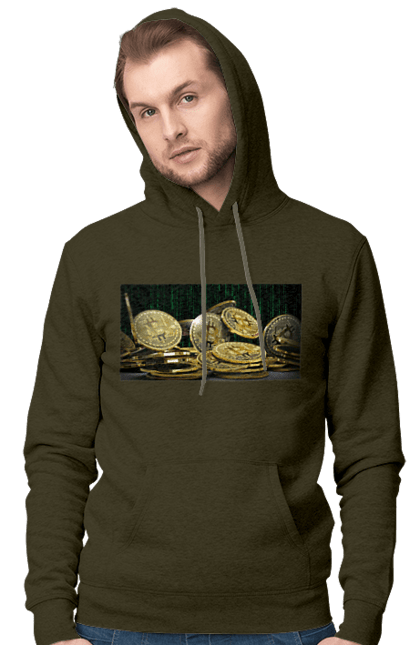 Чоловіче худі з принтом "Біткойн". Багатство, біткойн, валюта, гроші, криптовалюта, курс, майнінг, матриця, монета, розкіш, цифровий світ. 2070702