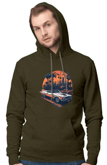 Men`s hoodie with prints Beautiful car at sunset. Auto, sun, sunset. 2070702
