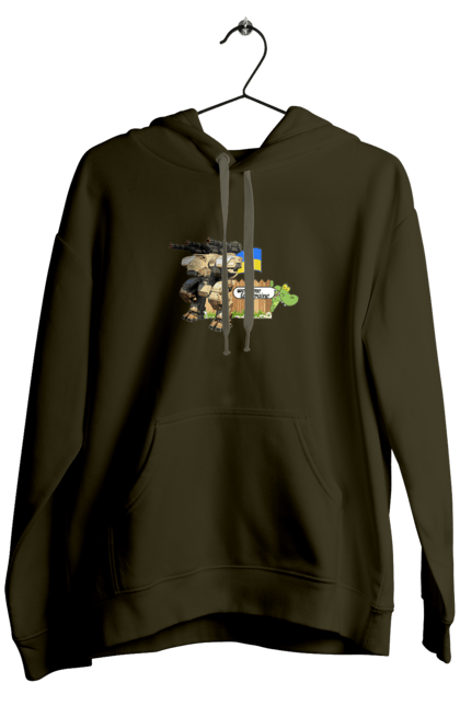 Men`s hoodie with prints Ukraine welcomes you. Combat vehicle, crocodile, flag, machine guns, robot, symbolics, ukraine. 2070702