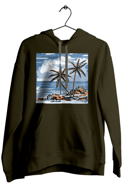 Мужское худи с принтом Пальмы И Небо. Море, небо, облака, пальмы. 2070702