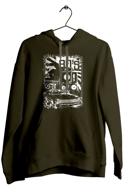 Men`s hoodie with prints 80 E, Machine And Music. 80, 80s, machine, music. 2070702