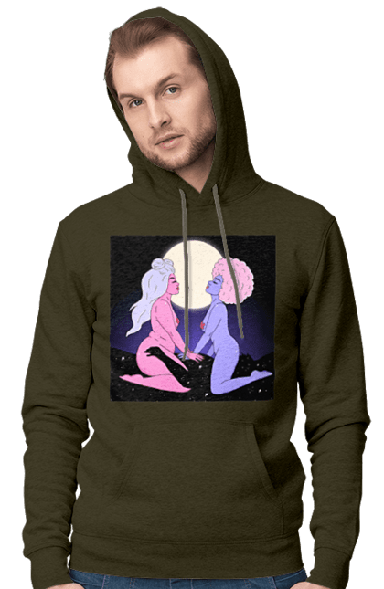 Men`s hoodie with prints Two Aliens And The Moon. Aliens, from above, girls. 2070702