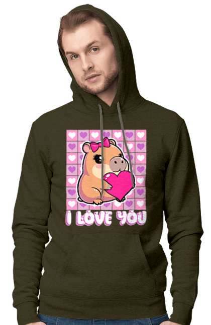 Чоловіче худі з принтом "Закохана капібара". I love you, валентинка, день святого валентина, капибара, кохання, милі тварини, пара капібар, романтика, романтичний подарунок, серця. 2070702