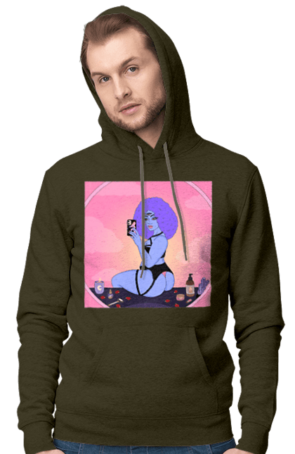 Men`s hoodie with prints Purple Girl Photo In The Mirror. Mirror, whiteness. 2070702