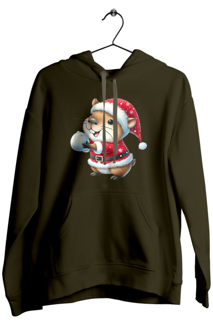 Men's hoodie with prints Capybara playing snowballs. Animal, capybara, christmas, christmas capybara, game, gift, holiday, new year, santa, snowballs. 2070702