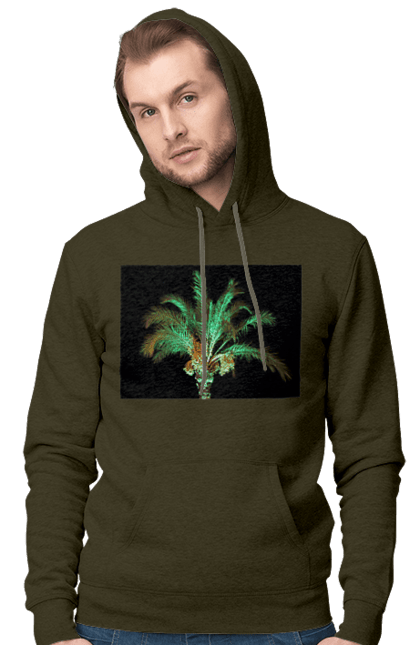 Чоловіче худі з принтом "Фінікова Пальма Вночі". Берег, відпочинок, відпустка, зелений, море, ніч, оазис, океан, острів, пальма, південь, подорож, пригоди, тропіки, фінікова, чорне. 2070702