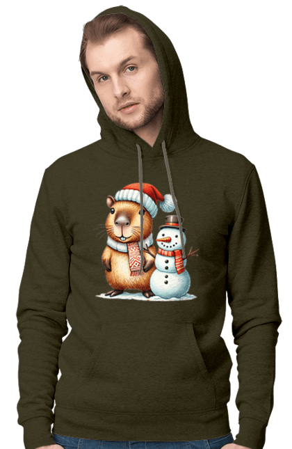 Men's hoodie with prints Capybara and Snowman. Animal, capybara, christmas, christmas capybara, gift, holiday, new year, new year`s gift, santa, snowman. 2070702