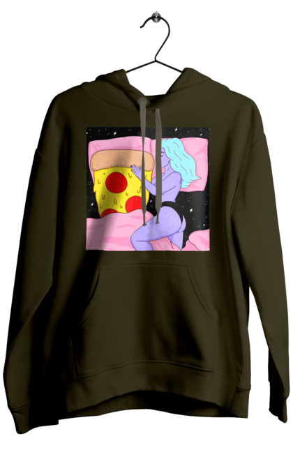 Мужское худи с принтом Фиолетовая Девушка И Пицца. Девушка, пицца, постель. 2070702