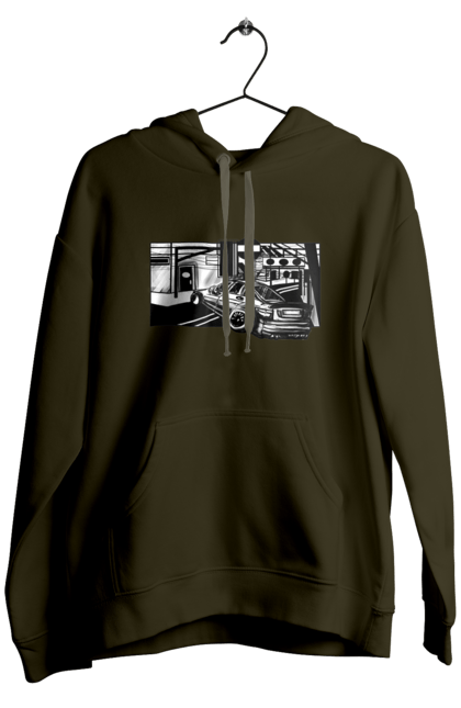 Men`s hoodie with prints Dangerous Car on the roads of the streets. Black and white, car, dangerous, fast, machine, race. 2070702