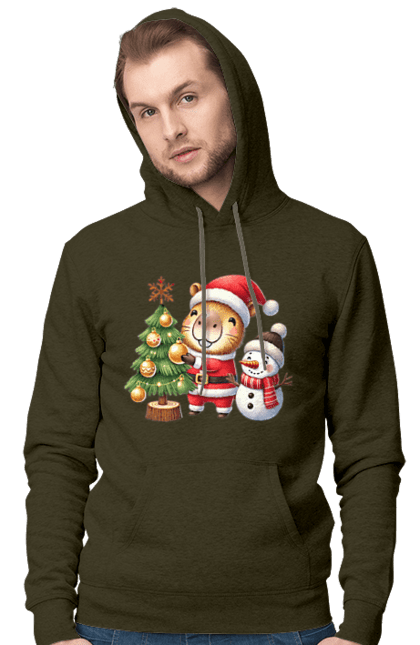 Men's hoodie with prints Christmas Capybara with a Tree. Animal, capybara, christmas, christmas capybara, christmas tree, gift, holiday, new year, new year`s gift, santa. 2070702