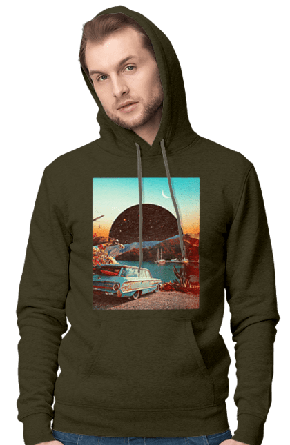Чоловіче худі з принтом "Картина, машина біля річки". Картина, машина, планета, прикол, ретро, річка. 2070702