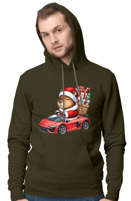 Men's hoodie with prints Christmas Capybara with a Gift. Animal, capybara, car, christmas, christmas capybara, gift, holiday, new year, new year`s gift, santa. 2070702