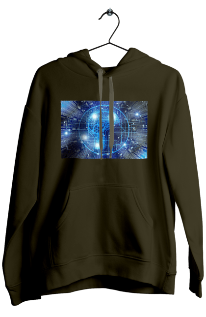 Чоловіче худі з принтом "Штучний інтелект". Айті, айтішник, гік, знання, інженер, інтелект, кібер, кібернетика, кіборг, код, комп, комп`ютерник, кристал, машинне навчання, мікросхема, мозок, портрет, програміст, професіонал, професія, розробник, розум, хакер, чіп, штучний інтелект, штучний розум. 2070702