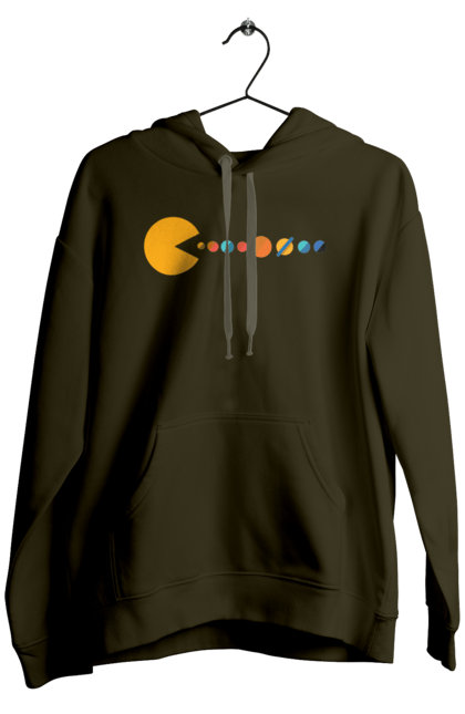 Men`s hoodie with prints Pac Man Planets. Arcade video game, atari, japanese video game, maze, namco, pac man, planets, solar system, space, video game. 2070702