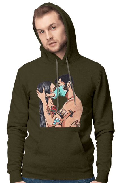 Men`s hoodie with prints Coronavirus Love. Coronavirus, kiss, love, mask, quarantine. 2070702