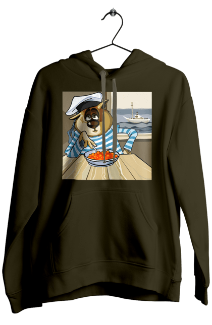 Men`s hoodie with prints Cat Sailor, On The Ship Eats Red Caviar. Cat, caviar, sailor, ship. 2070702
