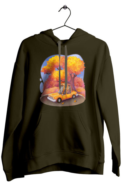 Чоловіче худі з принтом "Осiнь Авто Дерево". Дерево, жовтий мила ілюстрація, машина, осінь, помаранчевий. 2070702