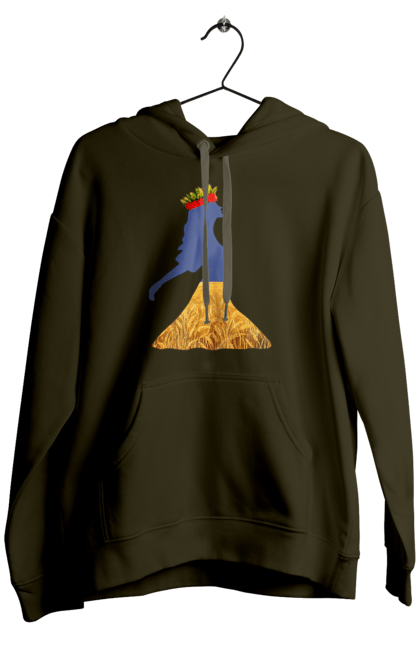 Men`s hoodie with prints Ukraine. Girl, national colors, poppies, sky, wheat field, wreath, yellow blue. 2070702