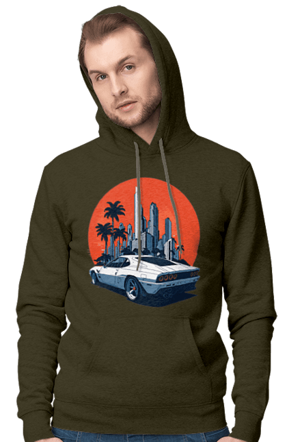 Men`s hoodie with prints Car. Race, speed, sport car, sunset. 2070702