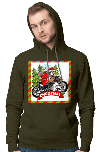 Men`s hoodie with prints Santa on a motorcycle. Christmas, motorcycle, new year, presents, santa, snowman, tree. 2070702