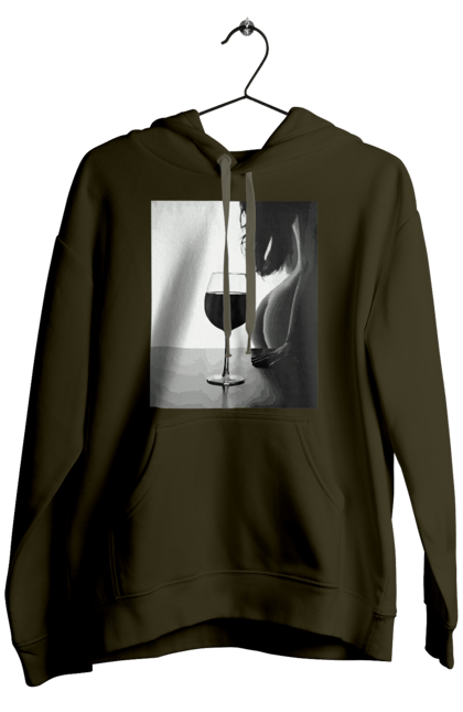 Men`s hoodie with prints A glass of wine. Expectation, friday again, grace, woman`s body. 2070702