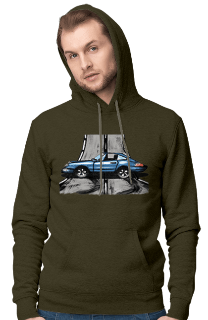 Чоловіче худі з принтом "Спортивний Автомобіль На Дорозі". Автомобіль, гонки, синій, спортиного, швидкий, швидкісний. 2070702