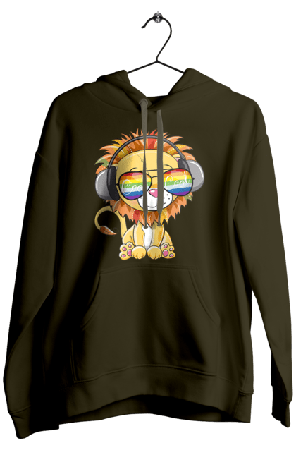 Men`s hoodie with prints Lion In Glasses And Headphones. Glasses, headphones, lion cub. 2070702