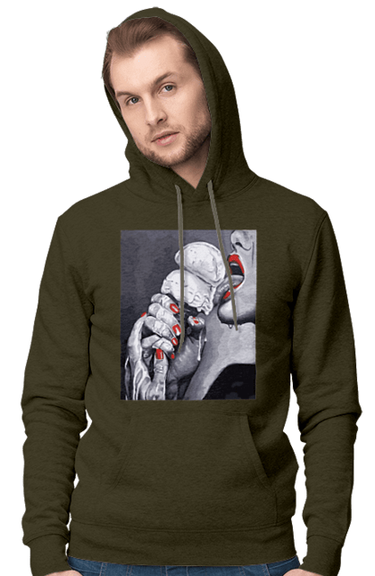 Чоловіче худі з принтом "Смак ескімо". Апетитне ескімо, вона лиже, дівчина та морозиво, лиже мовою, смак ескімо, смак морозива, тече по губах, тече по руках. 2070702