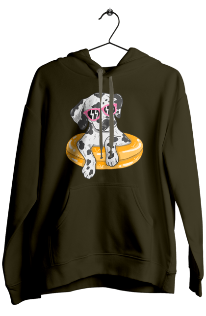 Men`s hoodie with prints Dalmatian Swims In A Circle. Dalmatian, dog, glasses, to swim. 2070702