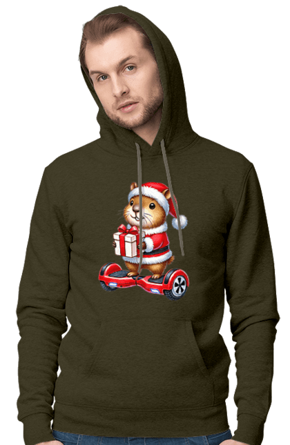 Men's hoodie with prints Christmas Capybara with a Gift. Animal, capybara, christmas, christmas capybara, gift, holiday, new year, new year`s gift, santa. 2070702