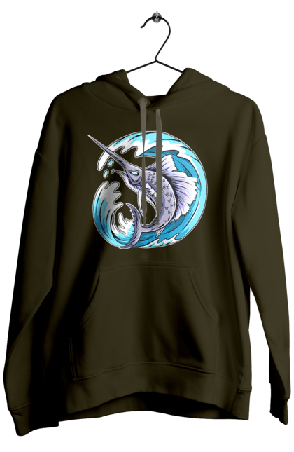 Men`s hoodie with prints Fish Sword And Wave. Swordfish, wave. 2070702