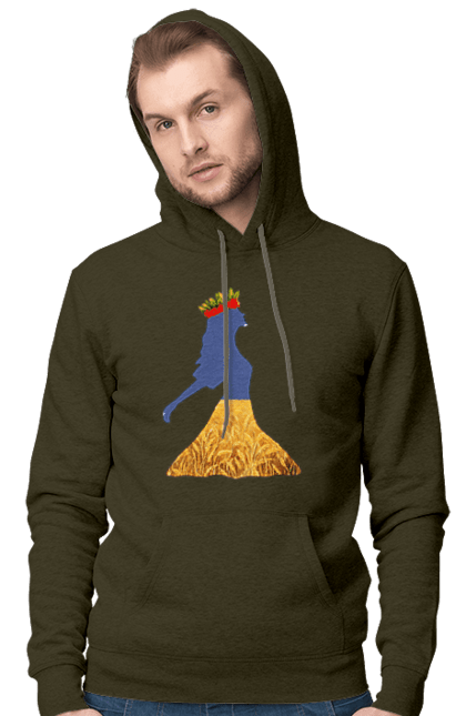 Men`s hoodie with prints Ukraine. Girl, national colors, poppies, sky, wheat field, wreath, yellow blue. 2070702