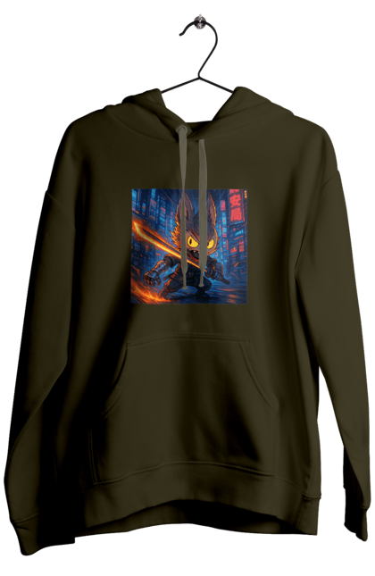 Men`s hoodie with prints Labubu. Action, animestyle, cyberninja, cyberpunk, eyes that shine, katana, labubu, neon city, sword. 2070702