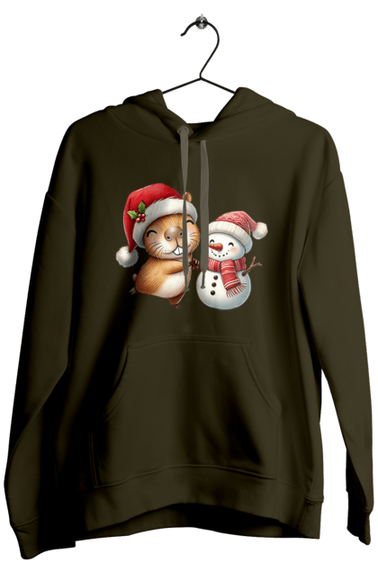 Men's hoodie with prints Capybara and Snowman. Animal, capybara, christmas, christmas capybara, gift, holiday, new year, new year`s gift, santa, snowman. 2070702