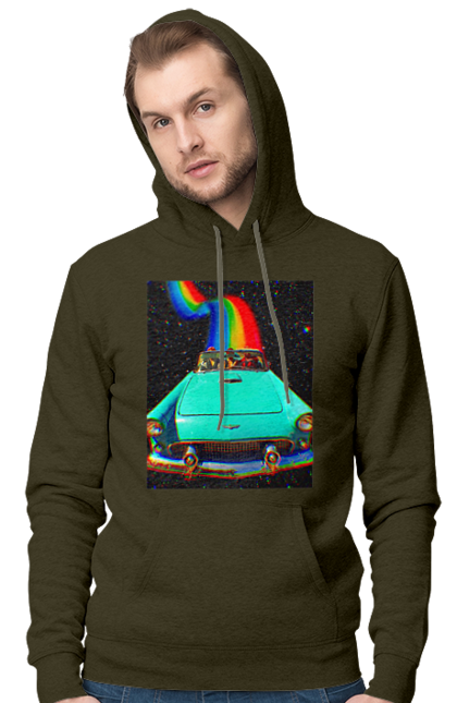 Чоловіче худі з принтом "Картина, машина у космосі". Веселка, картина, космос, машина, подорожі, поїздка, прикол, ретро. 2070702