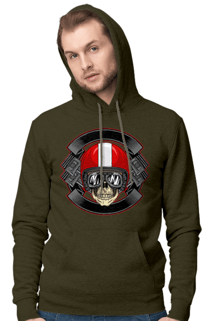 Men`s hoodie with prints skull motorcyclist. Helmet, motorcyclist \, skull. 2070702