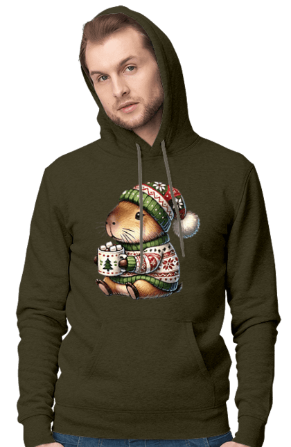 Men's hoodie with prints Capybara with hot chocolate. Animal, capybara, christmas, christmas capybara, gift, holiday, hot chocolate, new year, santa. 2070702