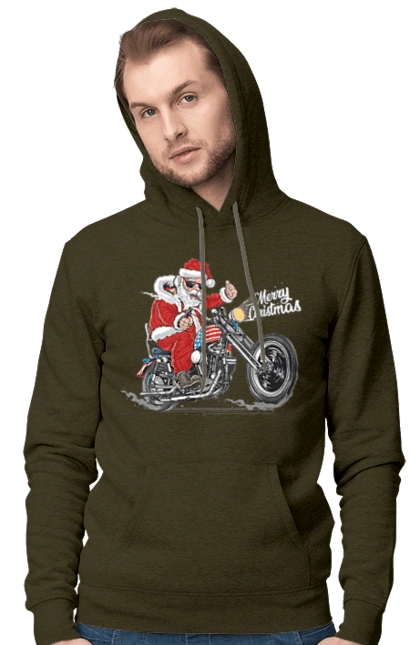 Santa in glasses on a motorcycle